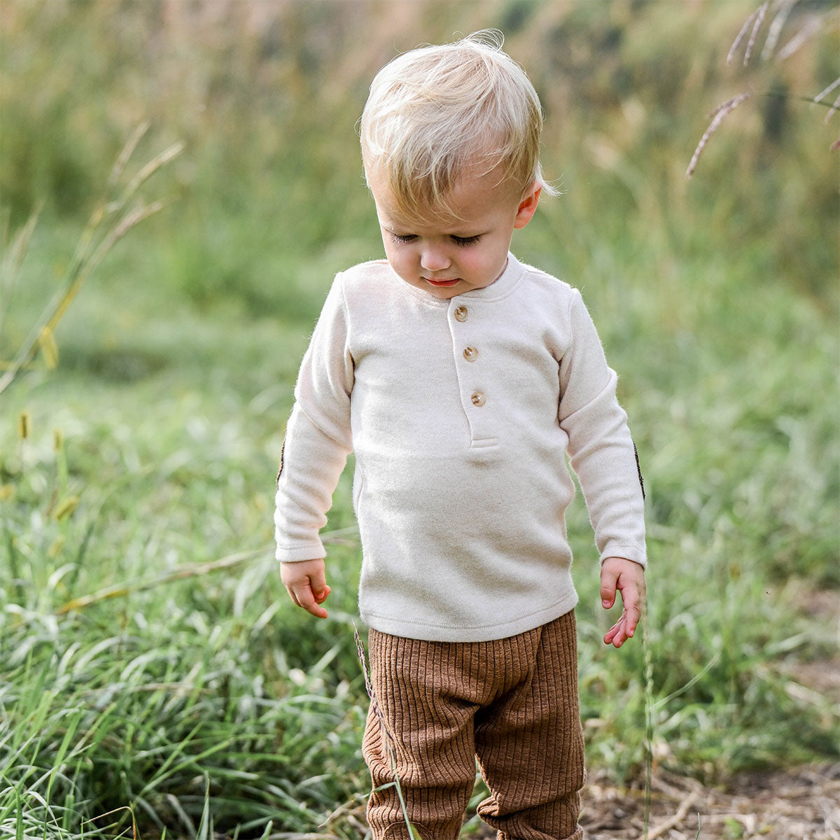 oh baby! Sweater-Knit Elbow Patch Henley Long Sleeve Top - Natural - oh baby!