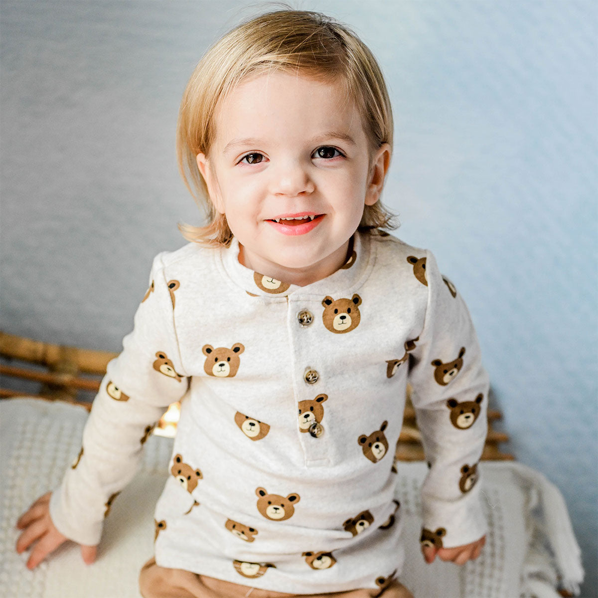 oh baby! Long Sleeve Elbow Patch Henley Tee - Teddy Bear Faces Print - Malt