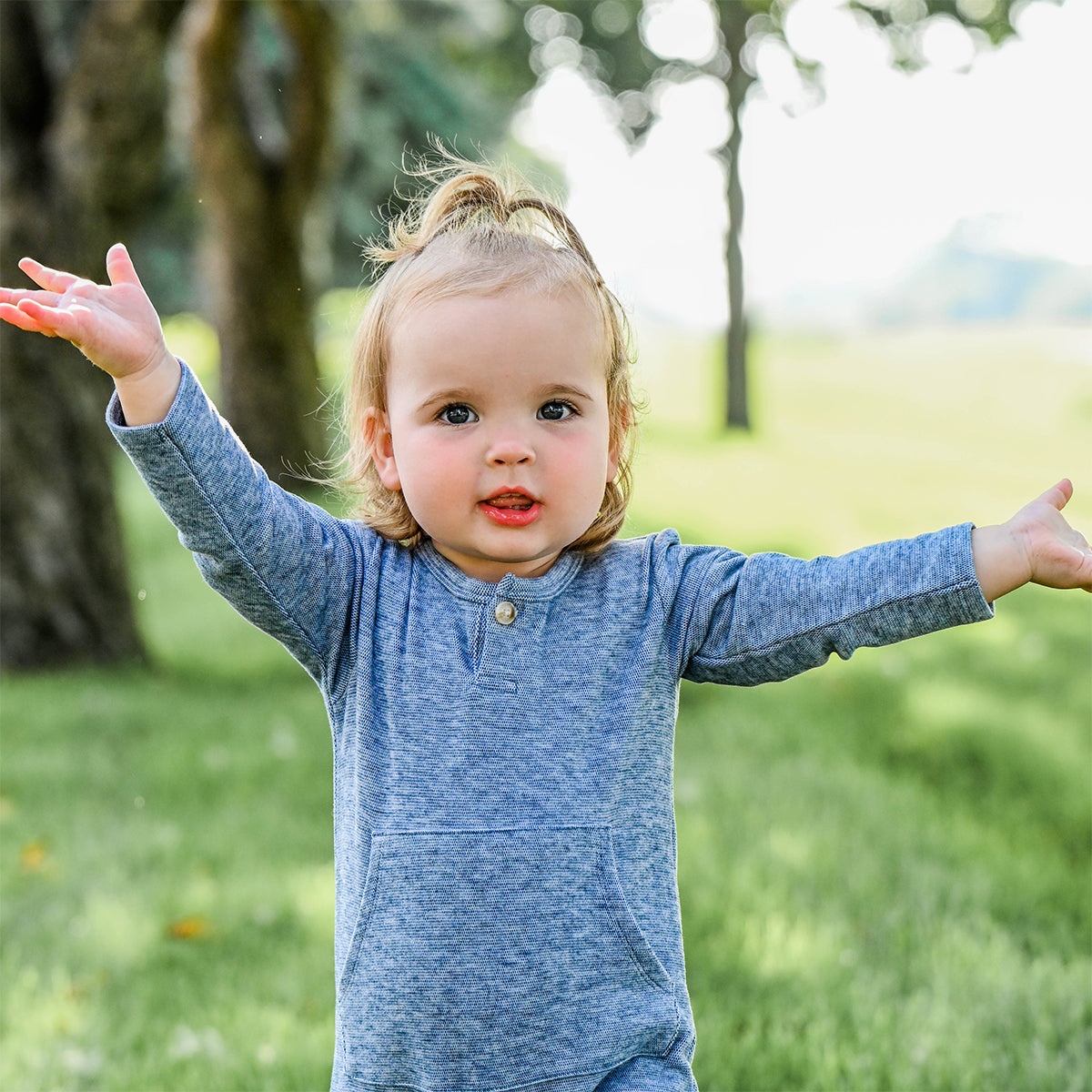oh baby! Honeycomb One-Button Romper with Kangaroo Pocket - Denim