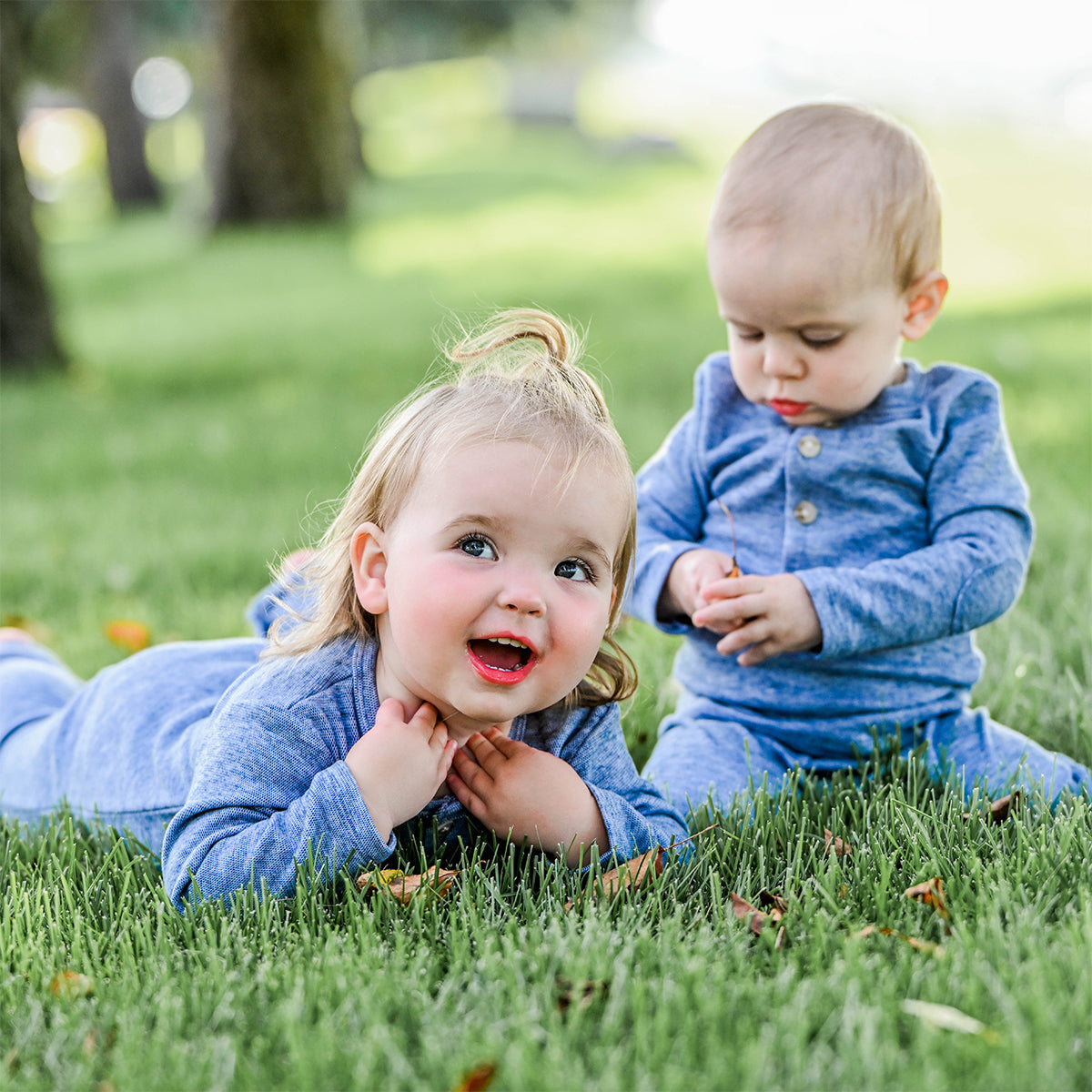 oh baby! Honeycomb One-Button Romper with Kangaroo Pocket - Denim - oh baby!