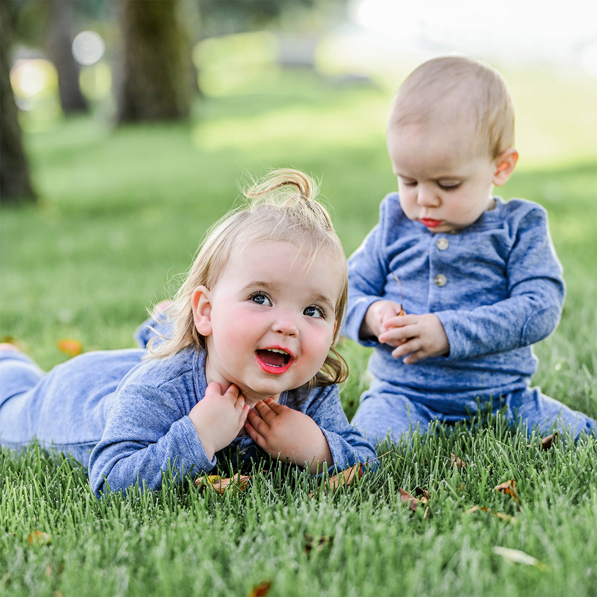 oh baby! Honeycomb One-Button Romper with Kangaroo Pocket - Denim - oh baby!