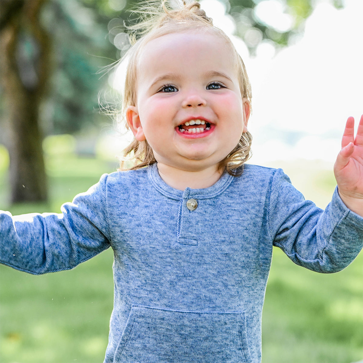 oh baby! Honeycomb One-Button Romper with Kangaroo Pocket - Denim - oh baby!