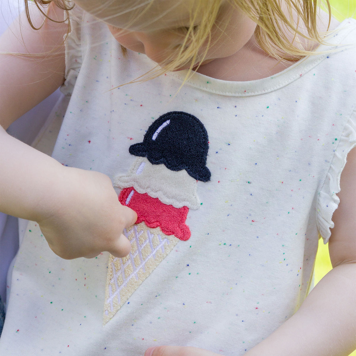 oh baby! Gracie Tank Top - Ice Cream Applique - Confetti Oyster - Lifestyle - Close-Up