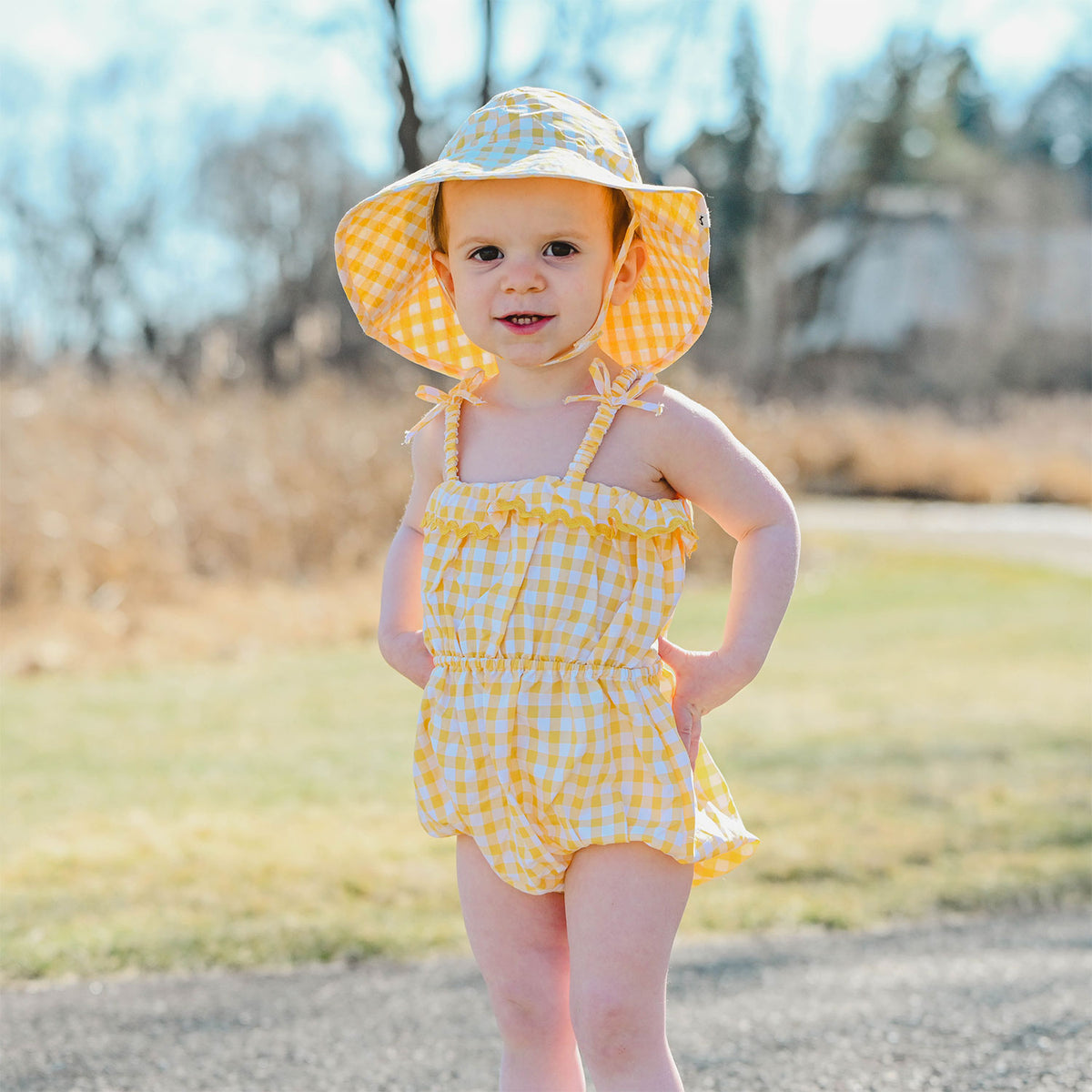 oh baby! Harriet Romper and Sunhat - Checks - Lemon - Lifestyle