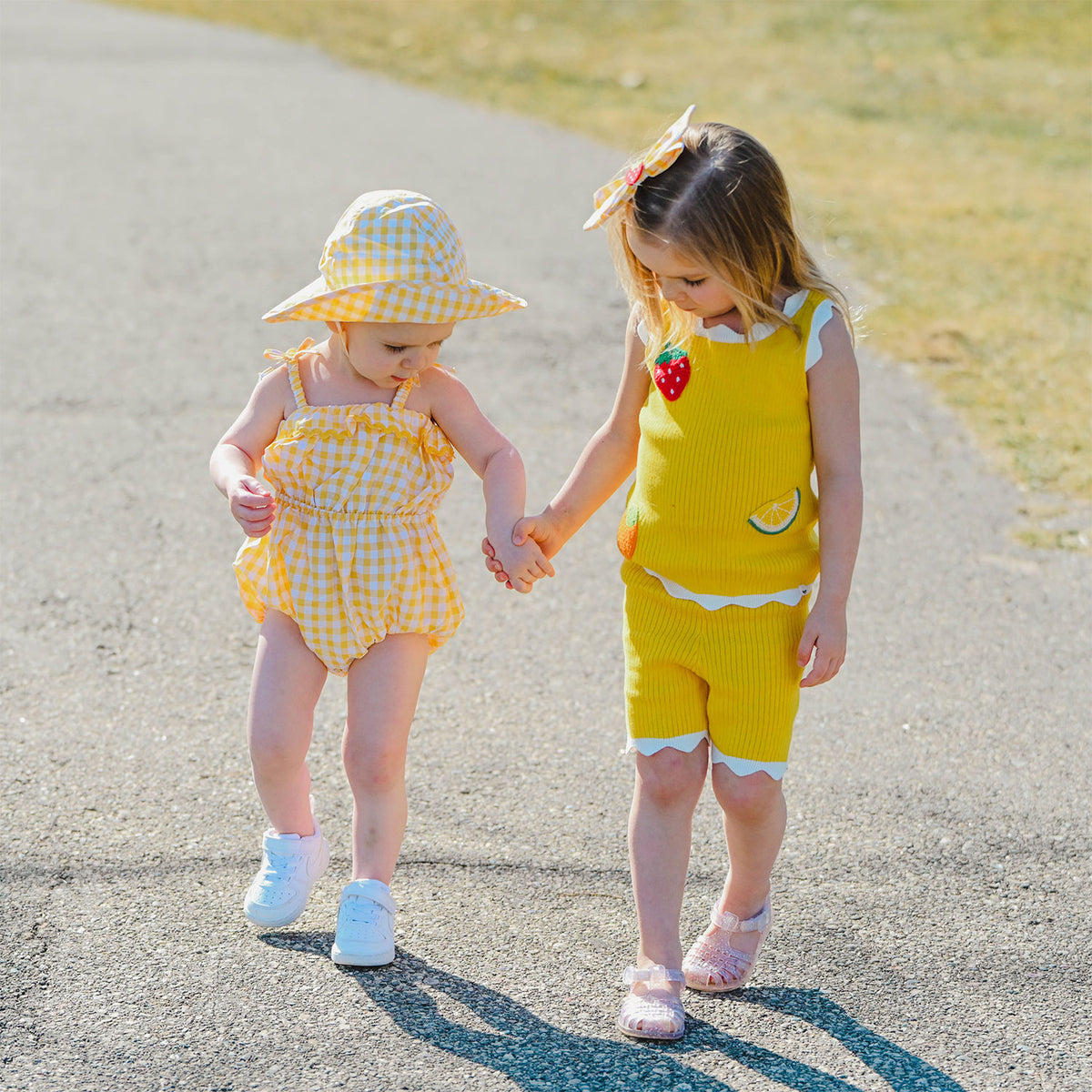 oh baby! Harriet Romper - Checks and Chloe Knit Set - Lemon - Lifestyle Image