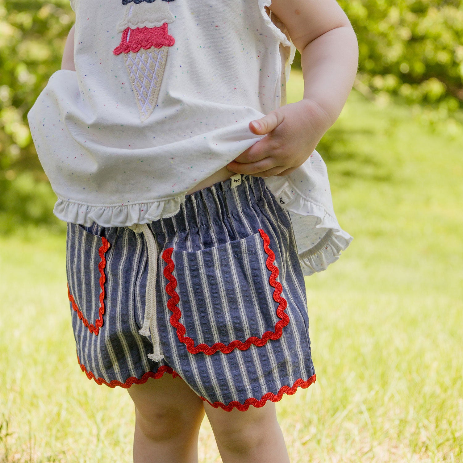 oh baby! Libby Pocket Short - Stripe with Ric Rac Trim - Navy