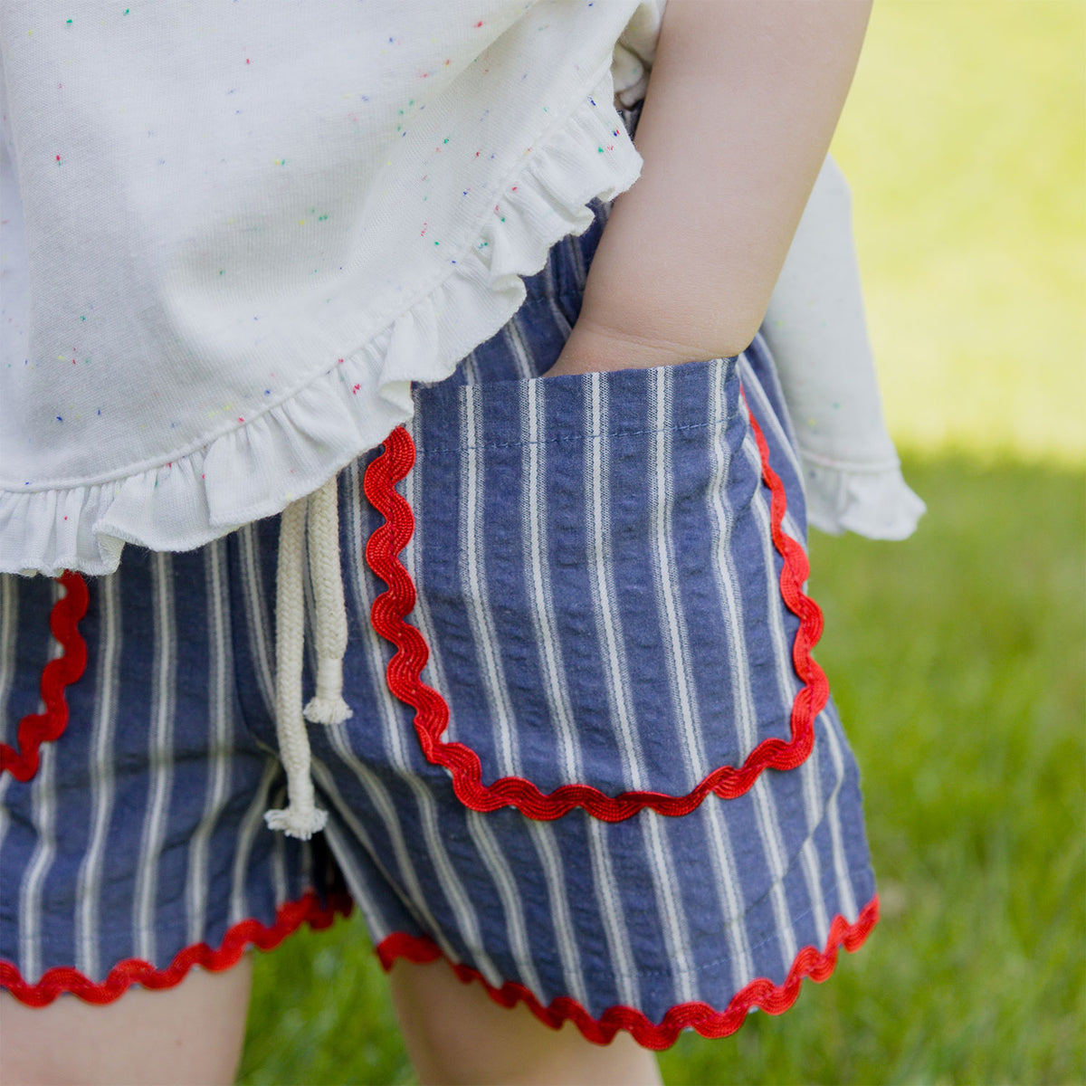 oh baby! Libby Pocket Short - Stripe with Ric Rac Trim - Navy - LIfestyle - Close UP