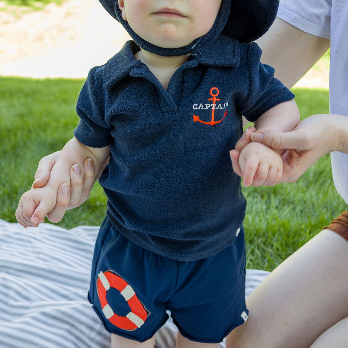 oh baby! Spencer Polo -"Captain" with Anchor Embroidery - Navy with Life Ring Appliqued Shorts - Lifestyle