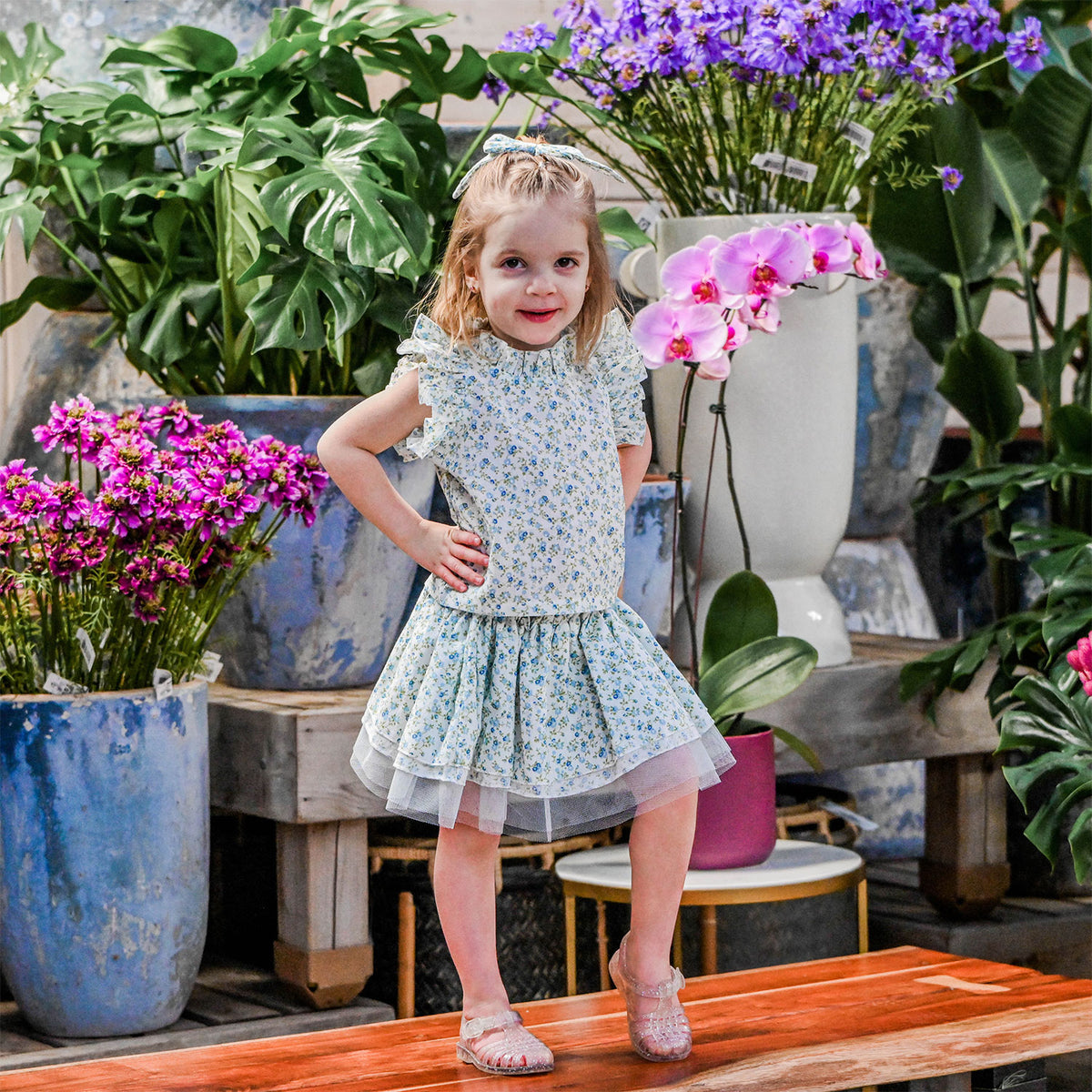 oh baby! Lola Top & Tutu Skirt Set - Poppy Sprig - Sky Blue - Lifestyle