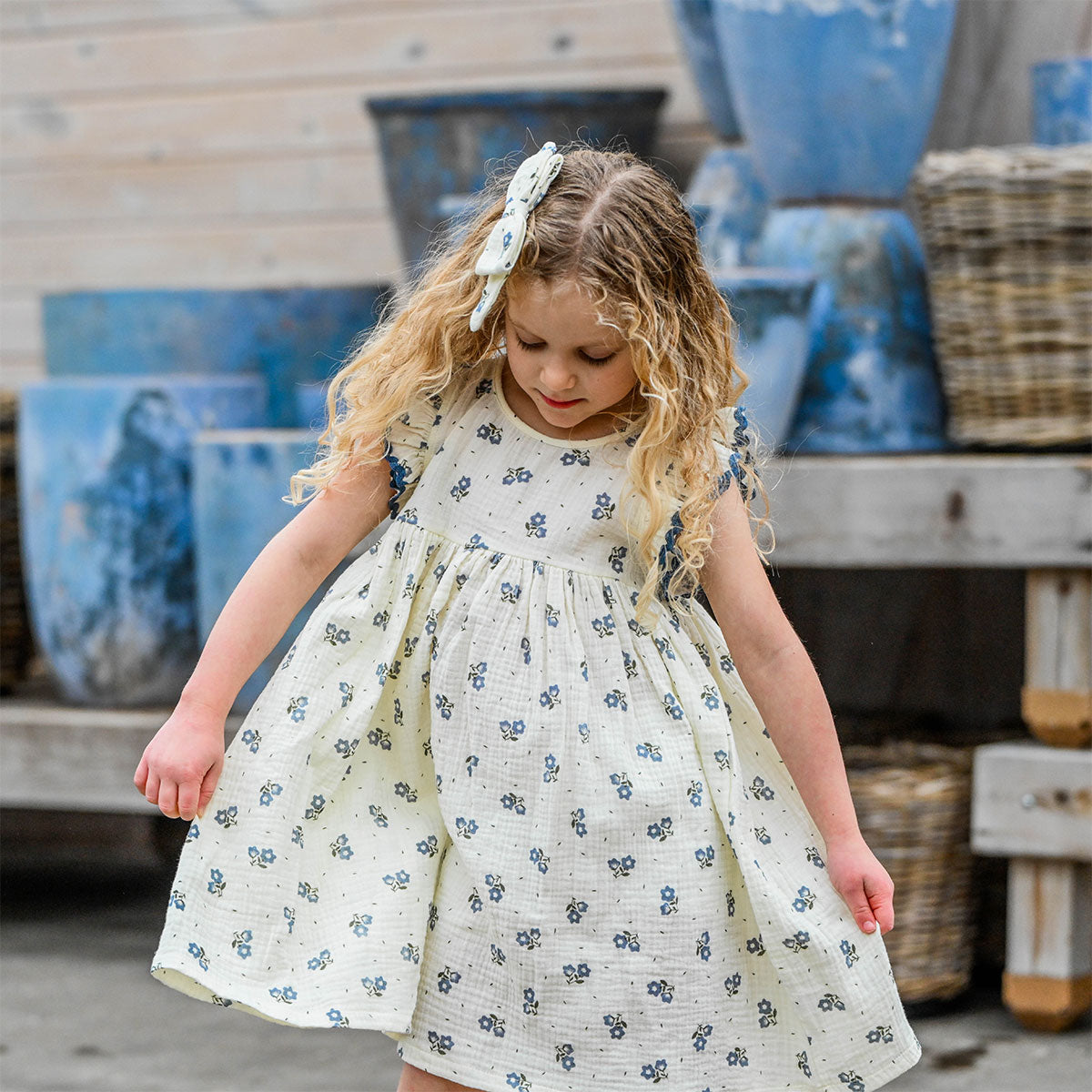 oh baby! Lolly Dress - Bellflower Print - Indigo - With Hair Bow