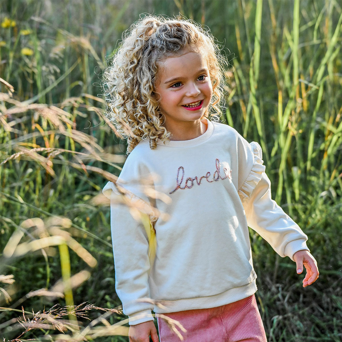oh baby! Ruffle Slouch Sweatshirt - "loved with heart" Embroidered - Natural