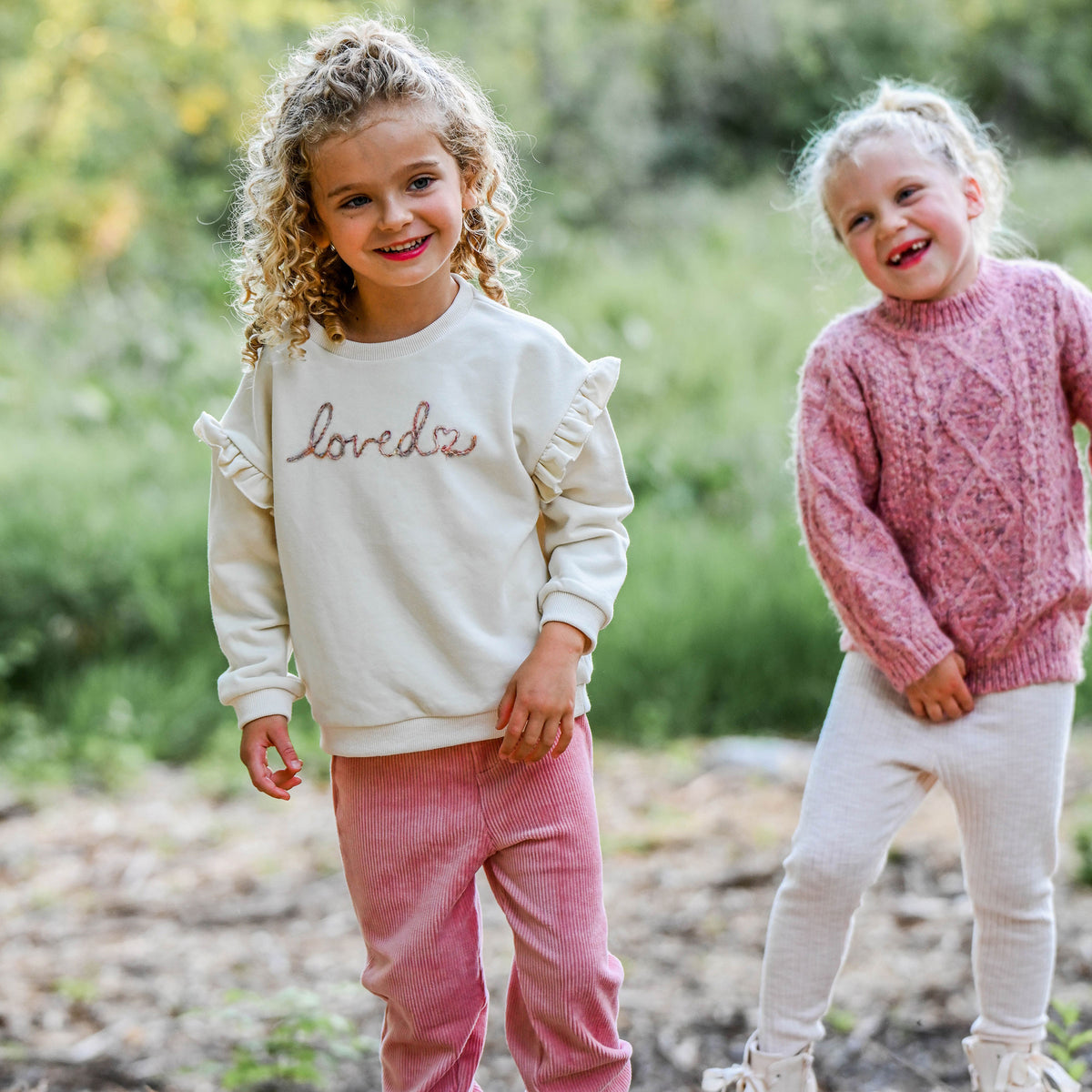 oh baby! Ruffle Slouch Sweatshirt - "loved with heart" Embroidered - Natural with Cord Jeggings - Rose