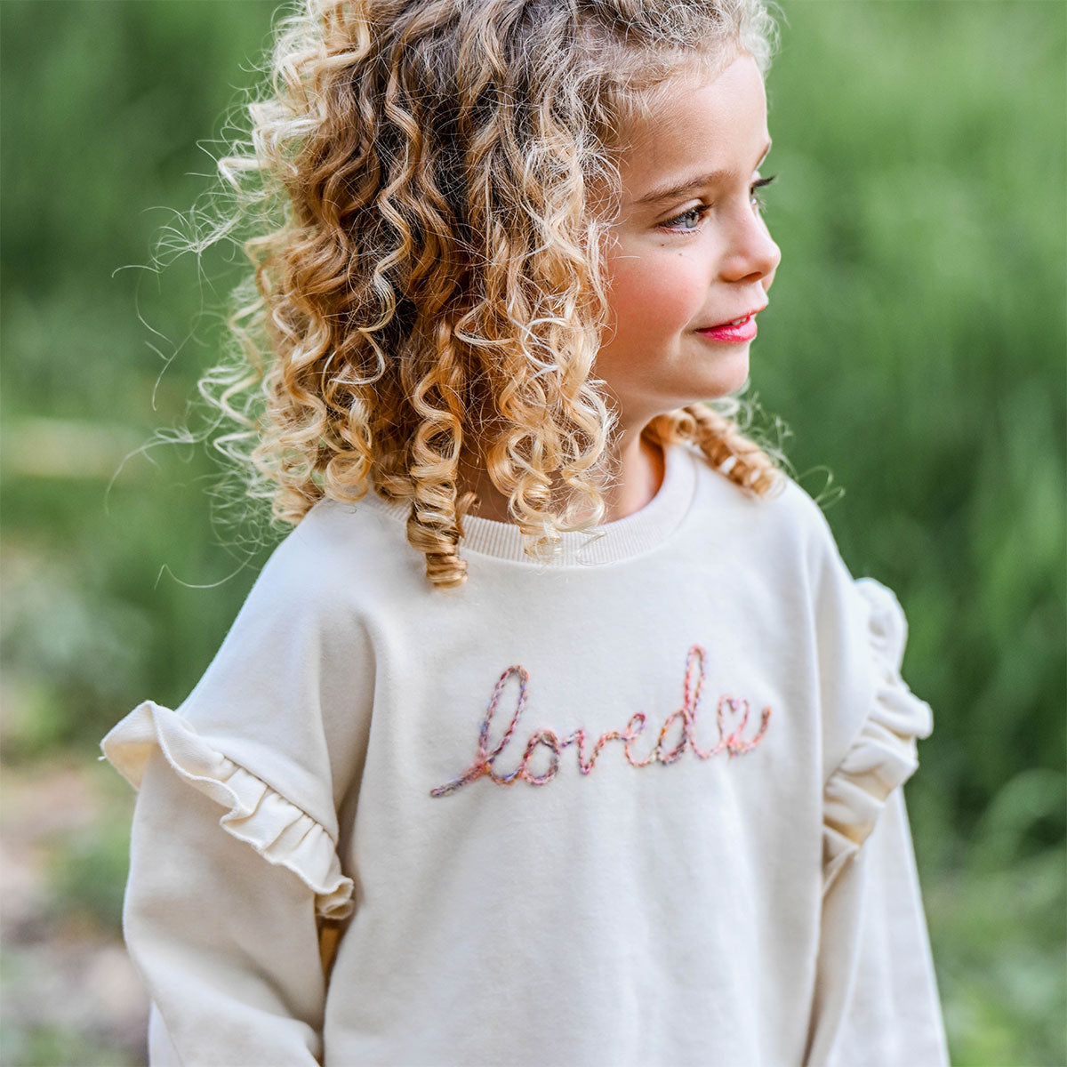 oh baby! Ruffle Slouch Sweatshirt - "loved with heart" Embroidered - Natural - Close Up