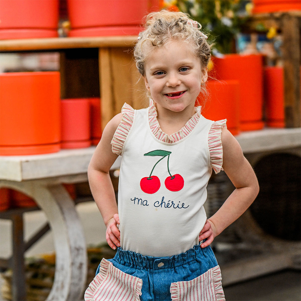 oh baby! Rebekah Tank - "Ma Cherie" Embroidery with Cherries Print Applique - Milk - Lifestyle - close