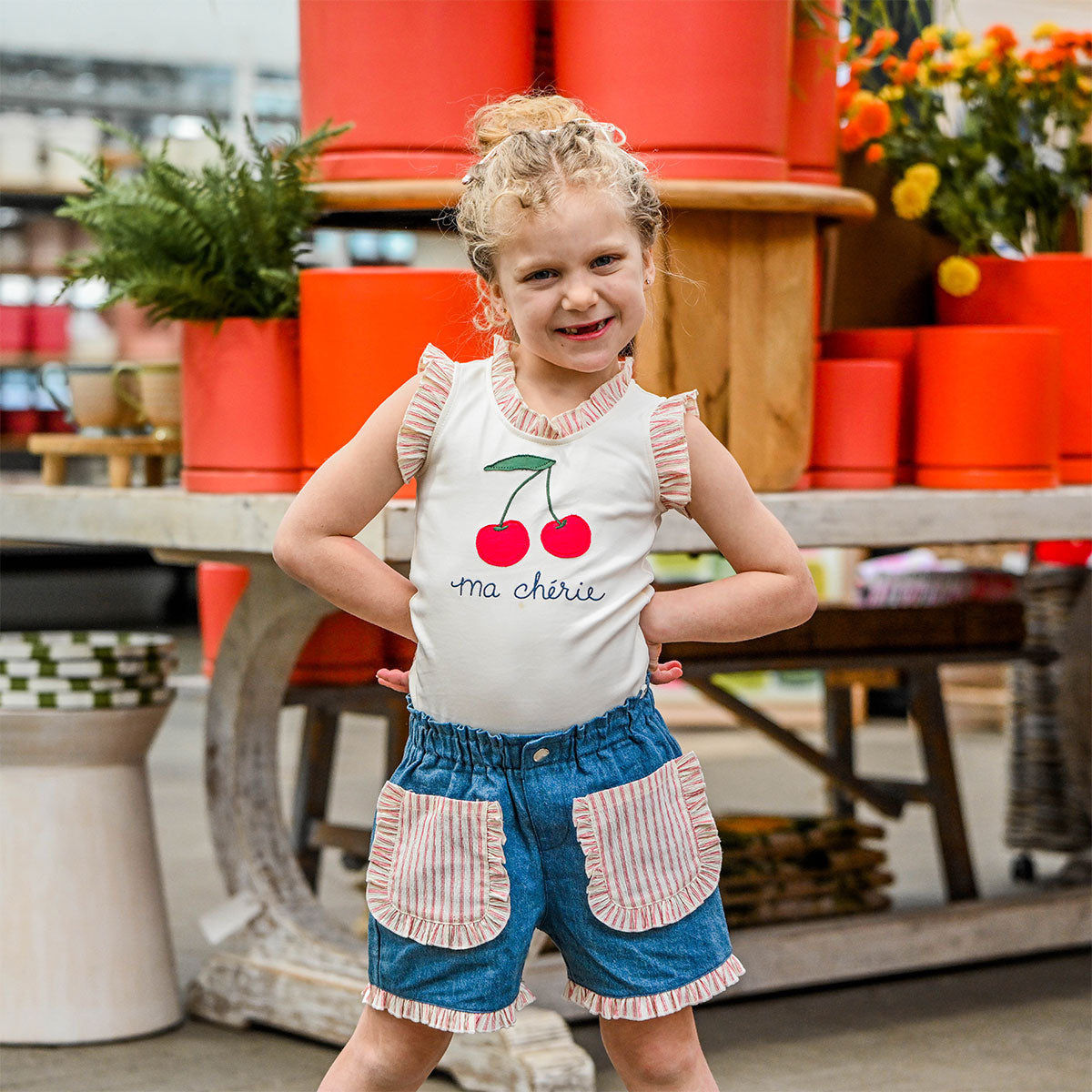 oh baby! Rebekah Tank - "Ma Cherie" Embroidery with Cherries Print Applique - Milk -with denim pocket shorts