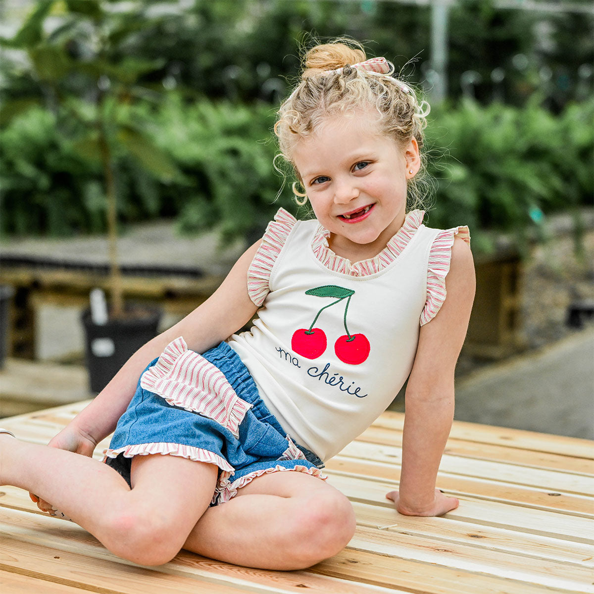 oh baby! Rebekah Tank - "Ma Cherie" Embroidery with Cherries Print Applique - Milk - Lifestyle - Sitting