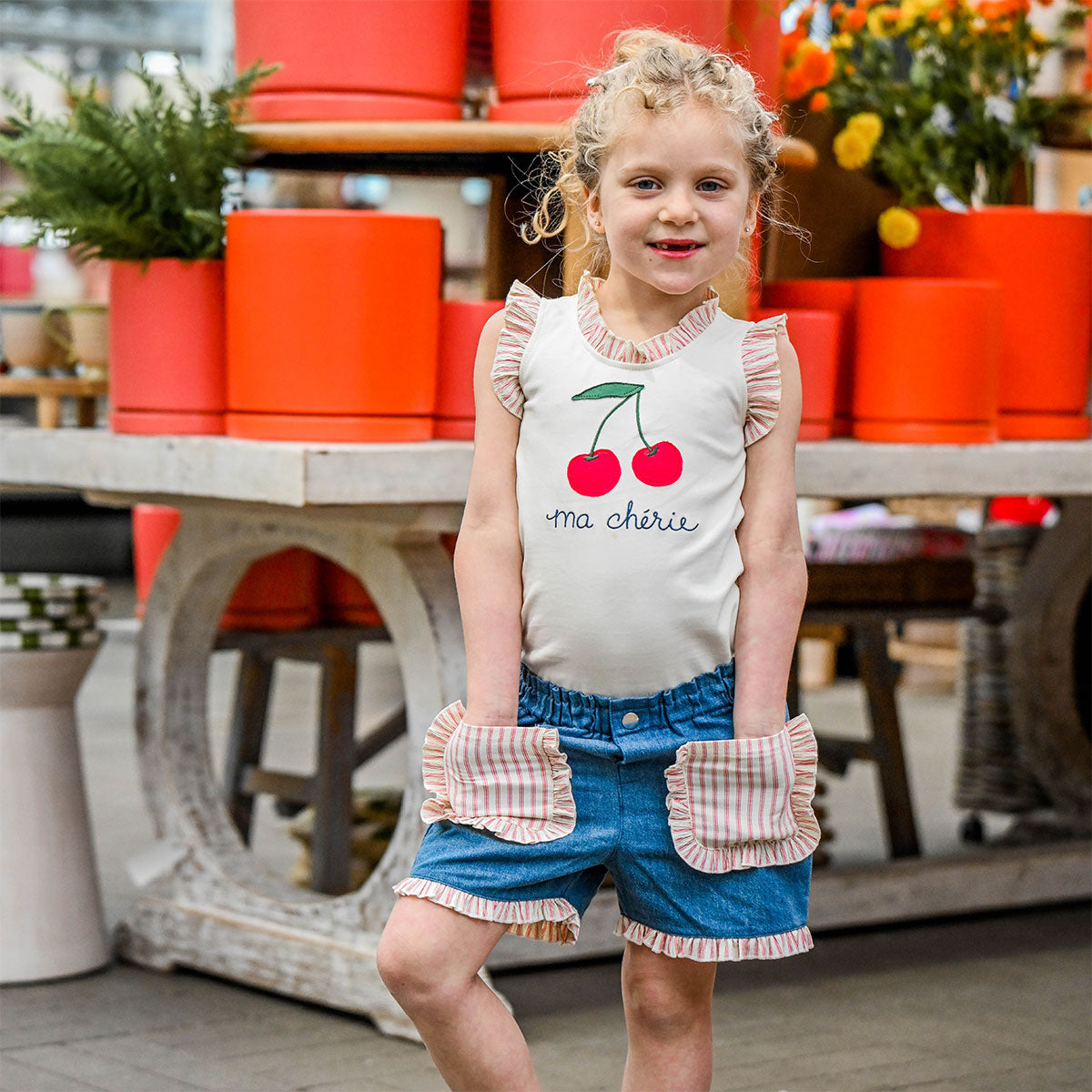 "Ma Cherie" Embroidery with Cherries Print Applique - Lifestyle with denim shorts - hand in pockets