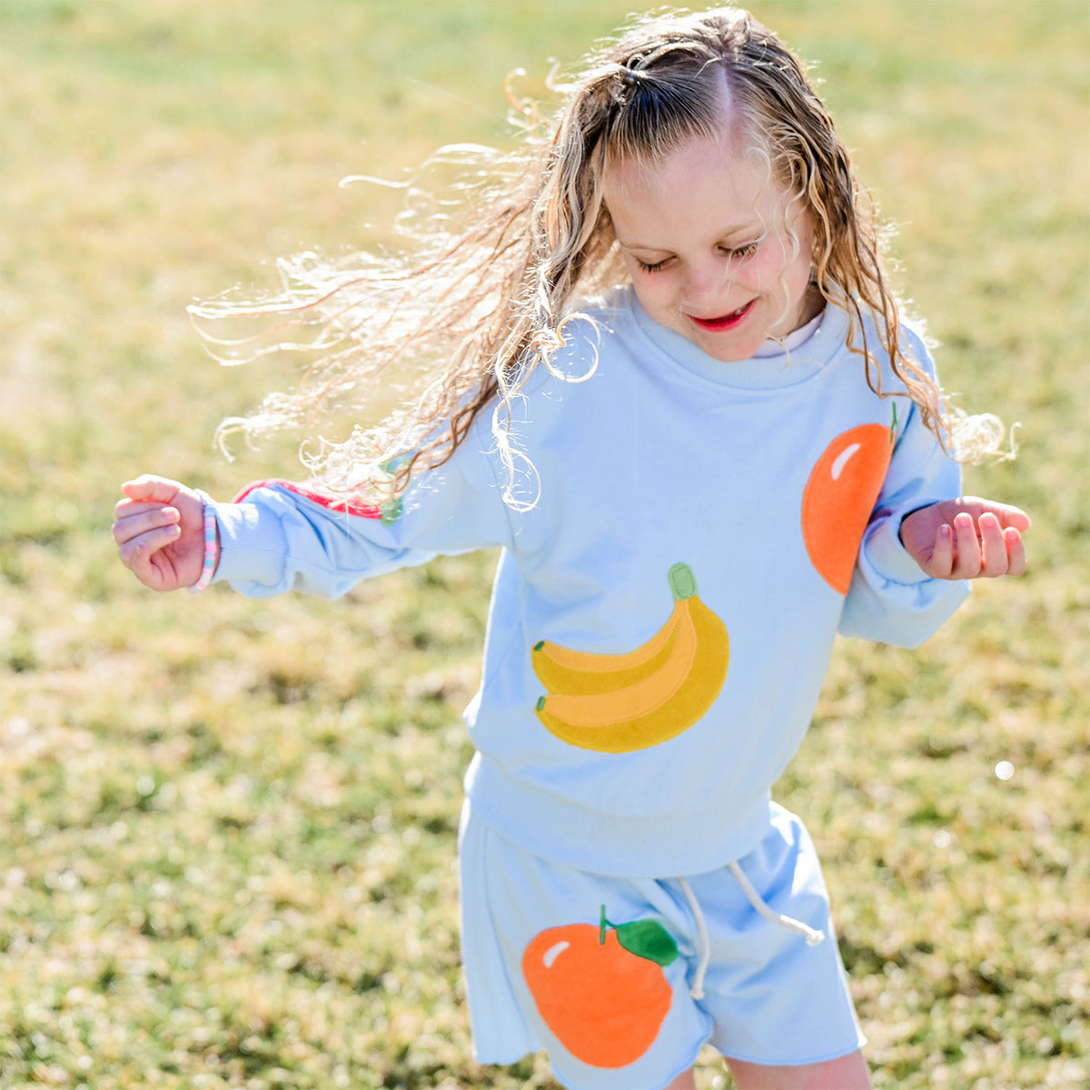 oh baby! Charlie Sweatshirt  and Shorts- Fruit Applique - Sky Blue - Lifestyle Dancing