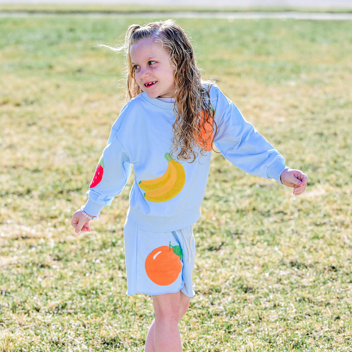 oh baby! Charlie Sweatshirt  and Shorts- Fruit Applique - Sky Blue