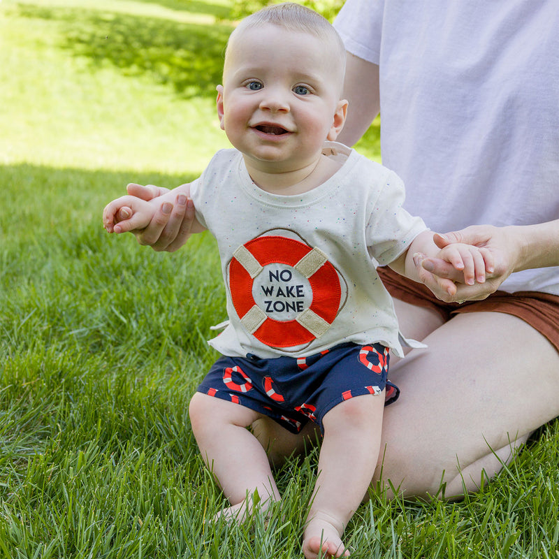 oh baby! Raw Edge Sleeve Tee -"No Wake Zone" Applique - Confetti Oyster - Lifestyle