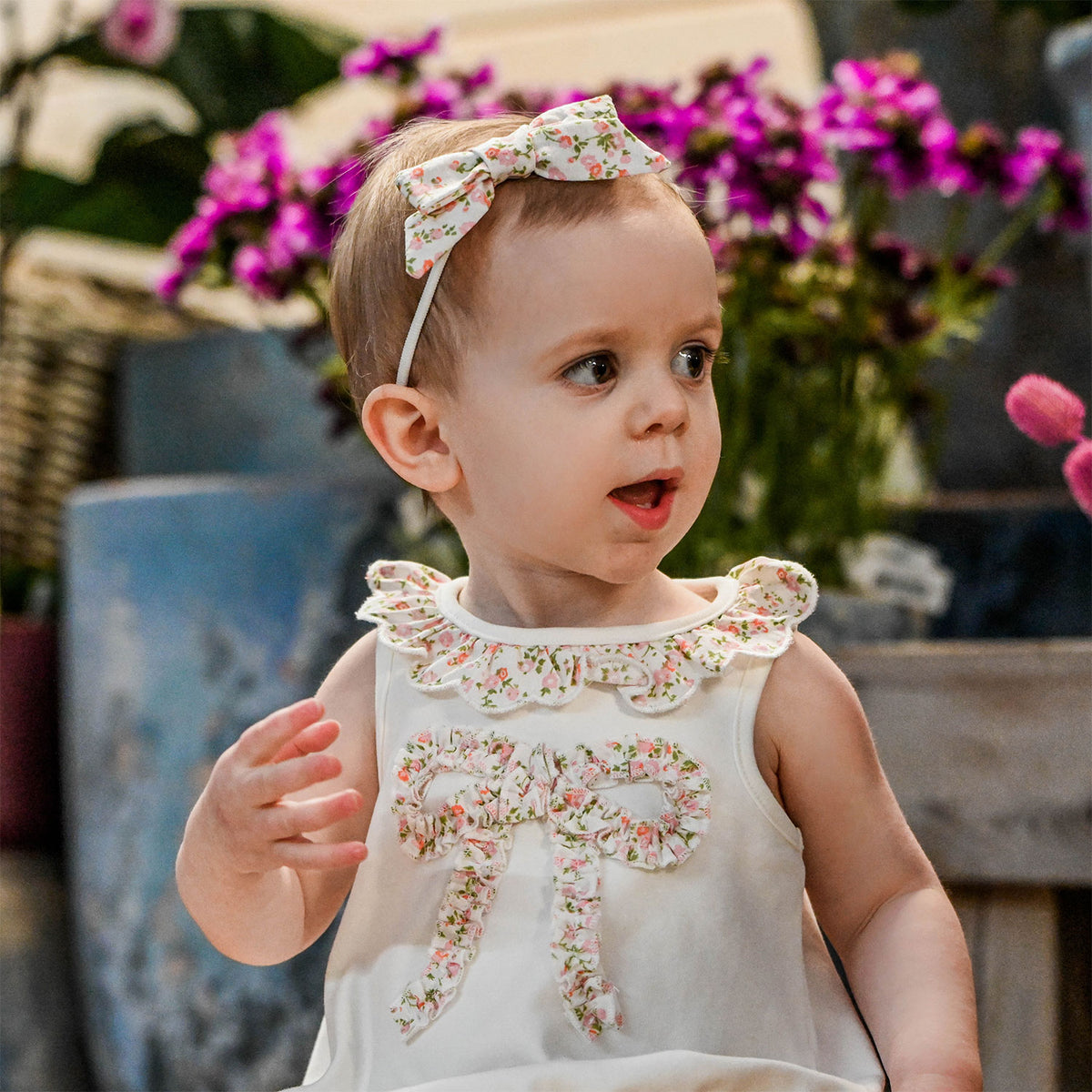 oh baby! Bella Bubble - Blush Poppy Sprig Ruffle Bow - Oyster with matching bow headband