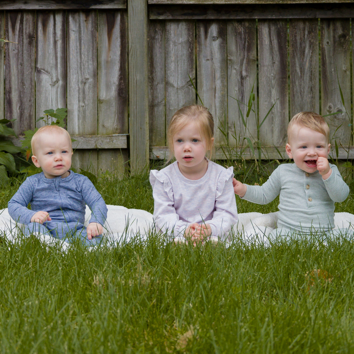 Fall Honeycomb Collection - denim footie, lilac rose sweatshirt and leggings, and spruce henley two piece set