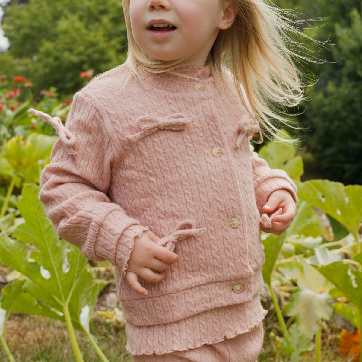 oh baby! Cable Knit Bow Cardigan - Pale Pink - Closeup - Lifestyle
