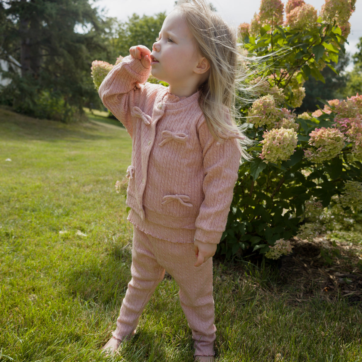 oh baby! Cable Knit Bow Cardigan -over two piece mock neck two piece set - Pale Pink - Lifestyle