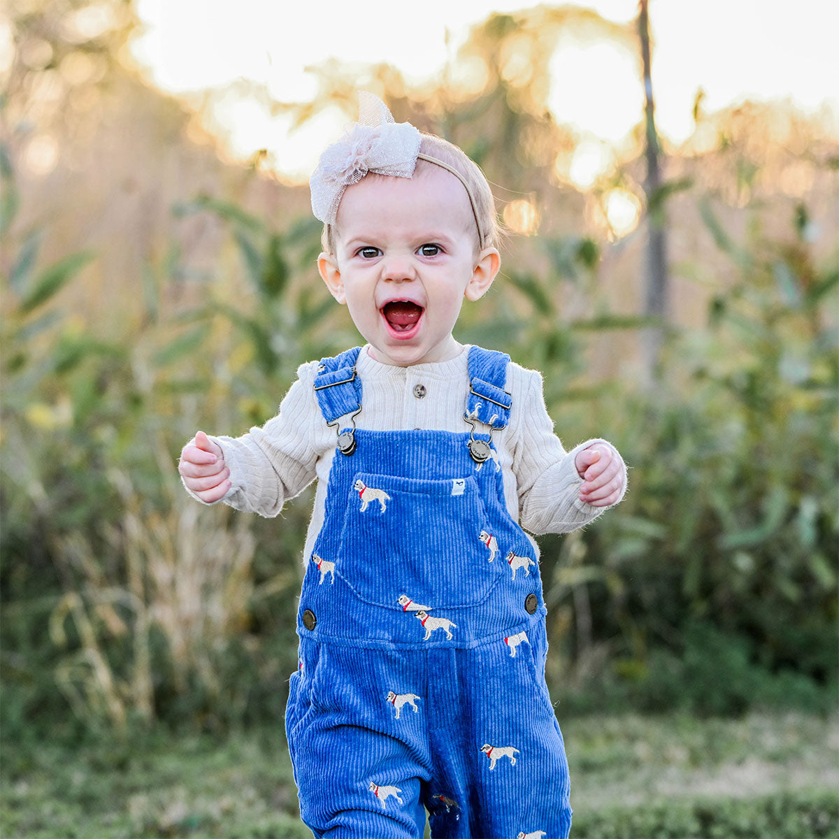 oh baby! Corduroy Bib Overalls - Labs Embroidered - Denim - Laughing