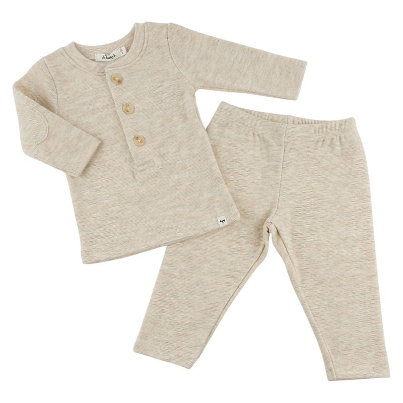 oh baby! Honeycomb Elbow Patch Henley Set - Sand