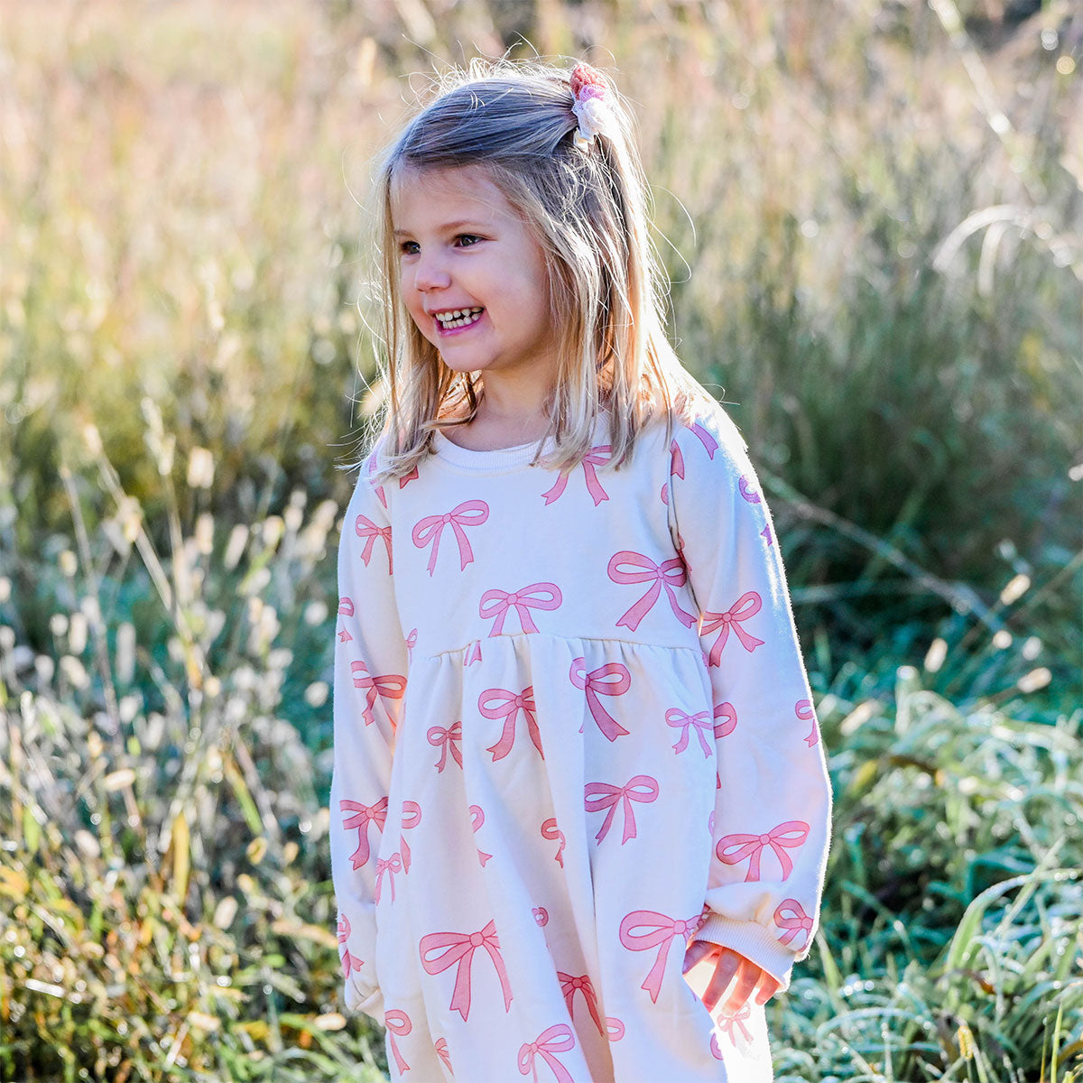 oh baby! French Terry Josephine Dress - Pink Bows - Natural