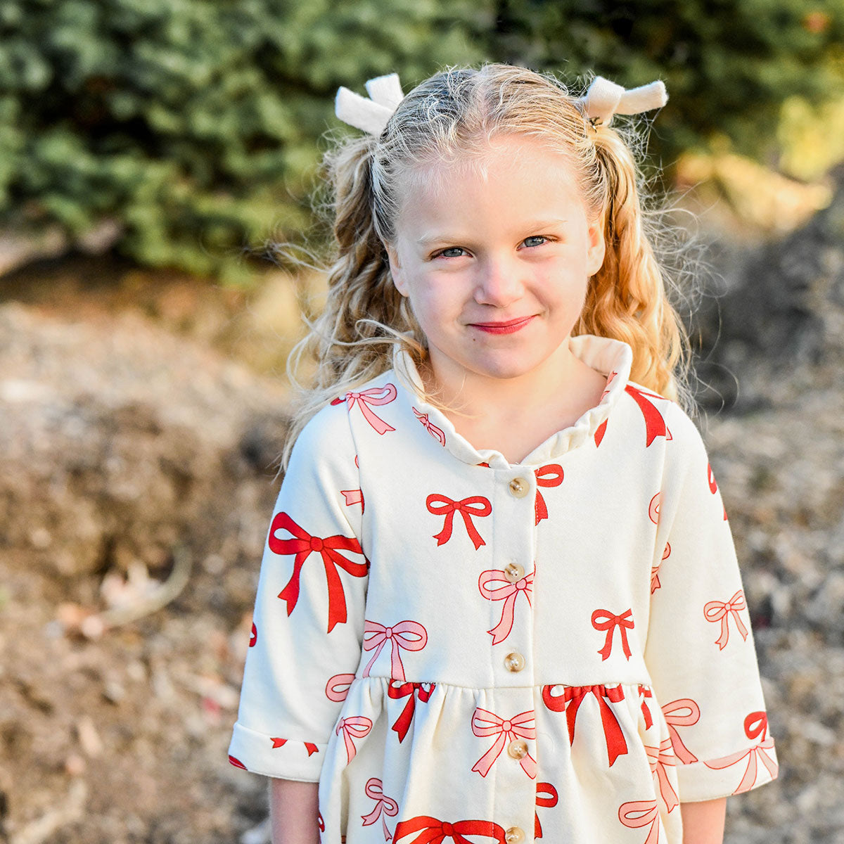 oh baby! French Terry Ivy Dress - Pink Cherry Bows - Natural - Close-Up