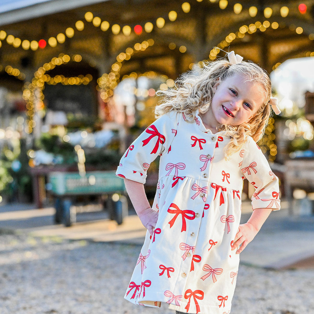 oh baby! French Terry Ivy Dress - Pink Cherry Bows - Natural