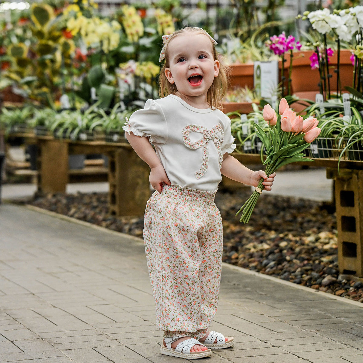 oh baby! Layla Tee - Blush Poppy Sprig Ruffle Bow - Oyster - with olivia pant
