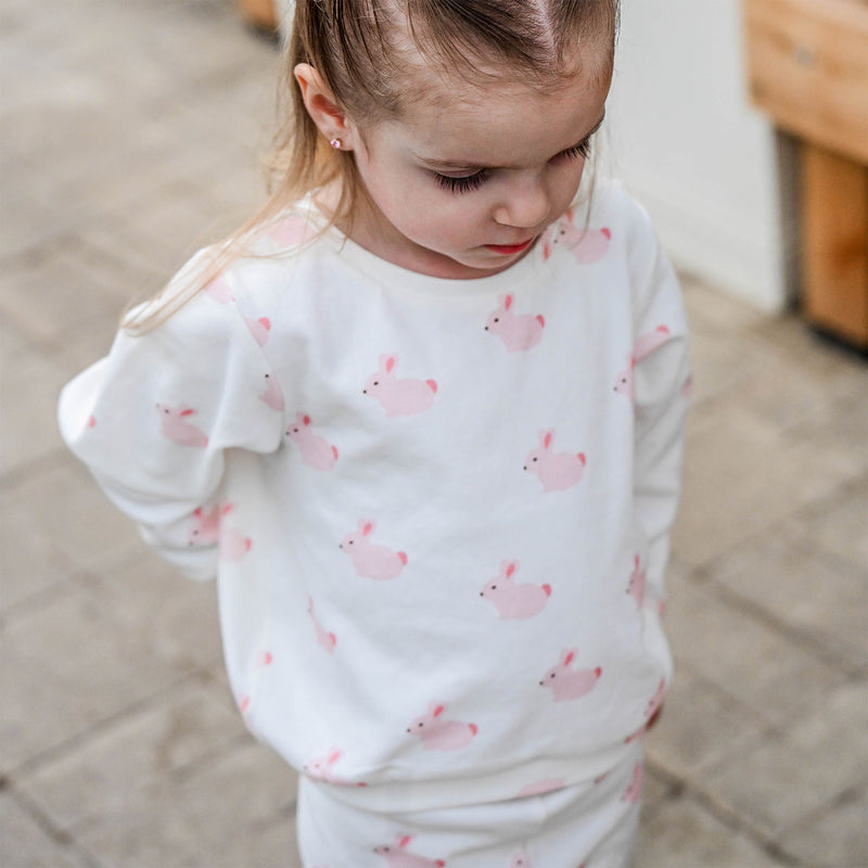 oh baby! Brooklyn Boxy Sweatshirt - Pink Bunnies Print - Oyster - Close Up