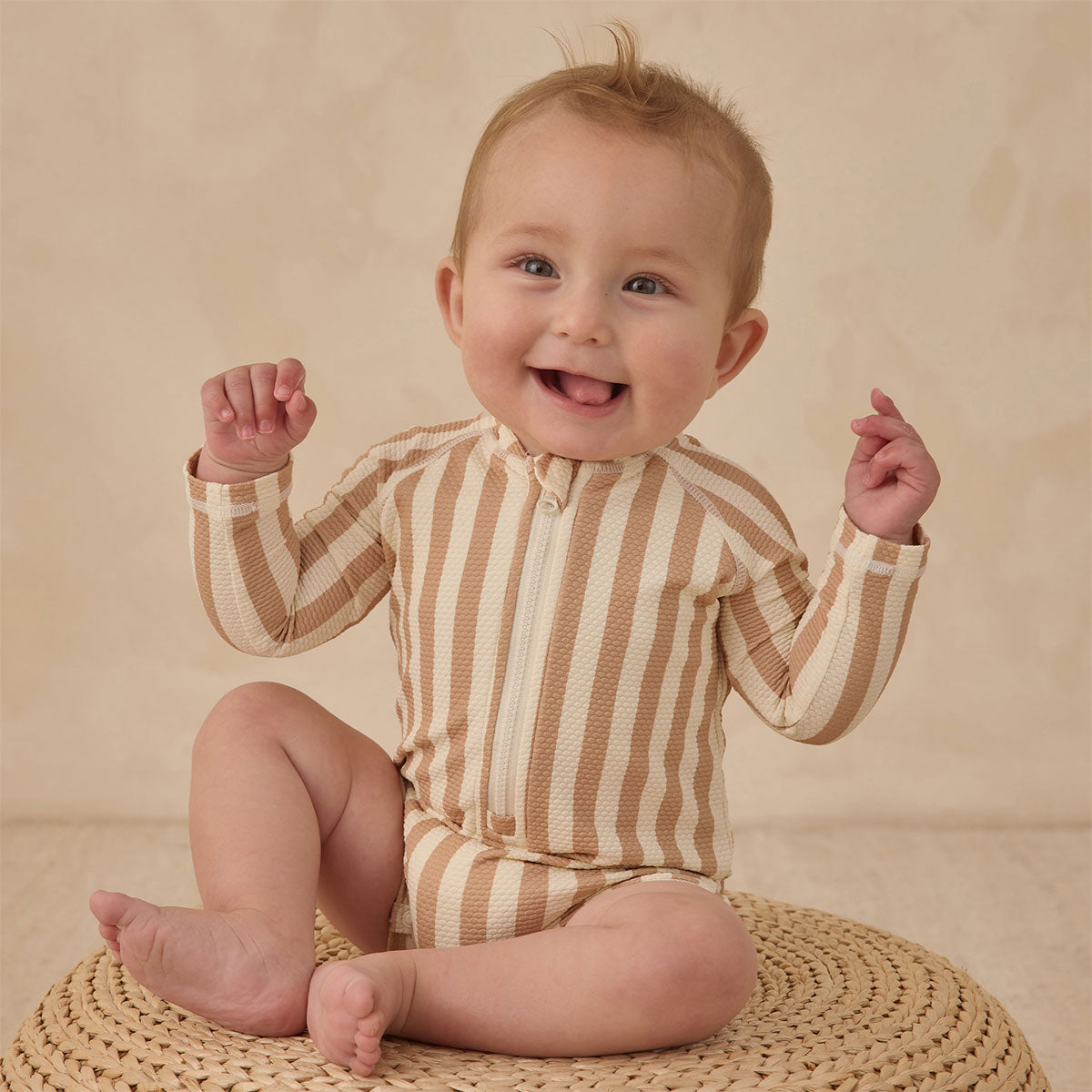 Quincy Mae Long Sleeve One-Piece Rashguard - Retro Latte Stripe