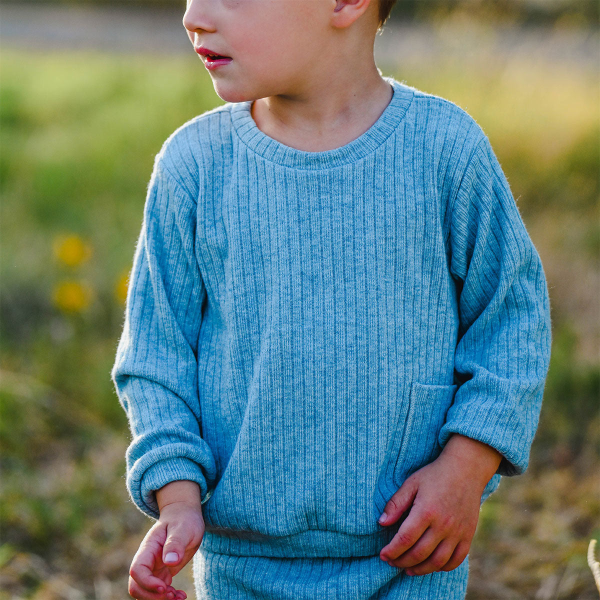 oh baby! Wide Rib Fuzzy Knit Sweater Boxy - Denim Heather - Close-Up