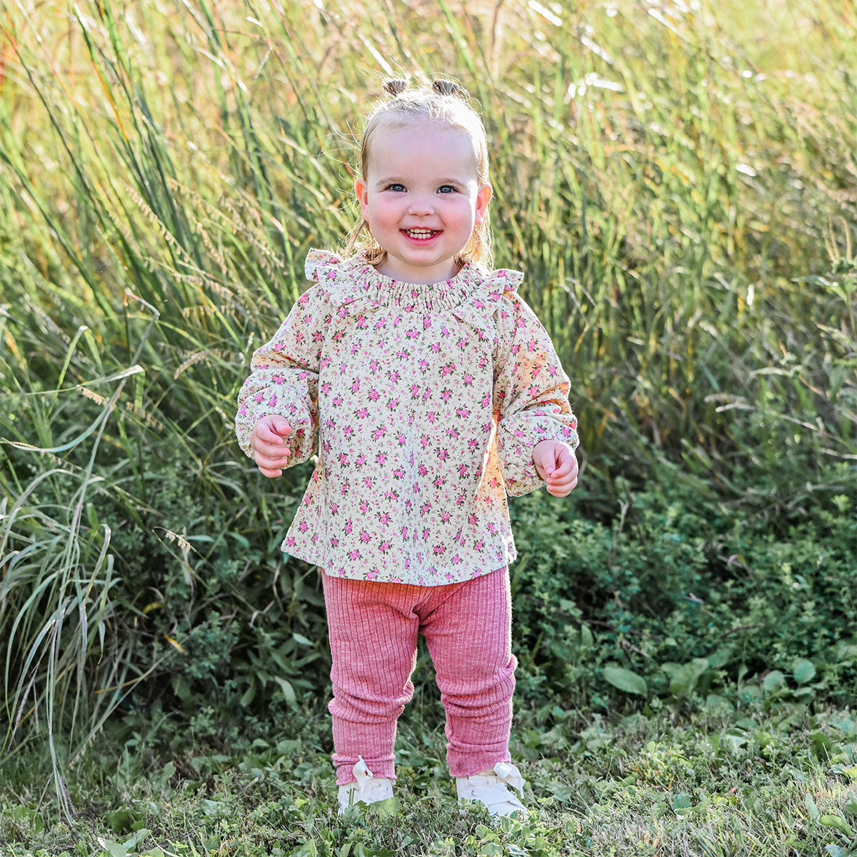 oh baby! Petite Bouquet Long Sleeve Giselle Blouse - Rose with Berry Leggings