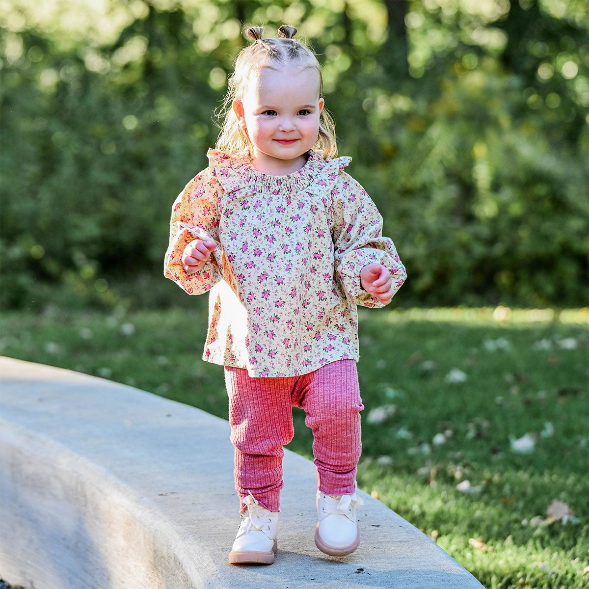 oh baby! Petite Bouquet Long Sleeve Giselle Blouse - Rose with leggings walking