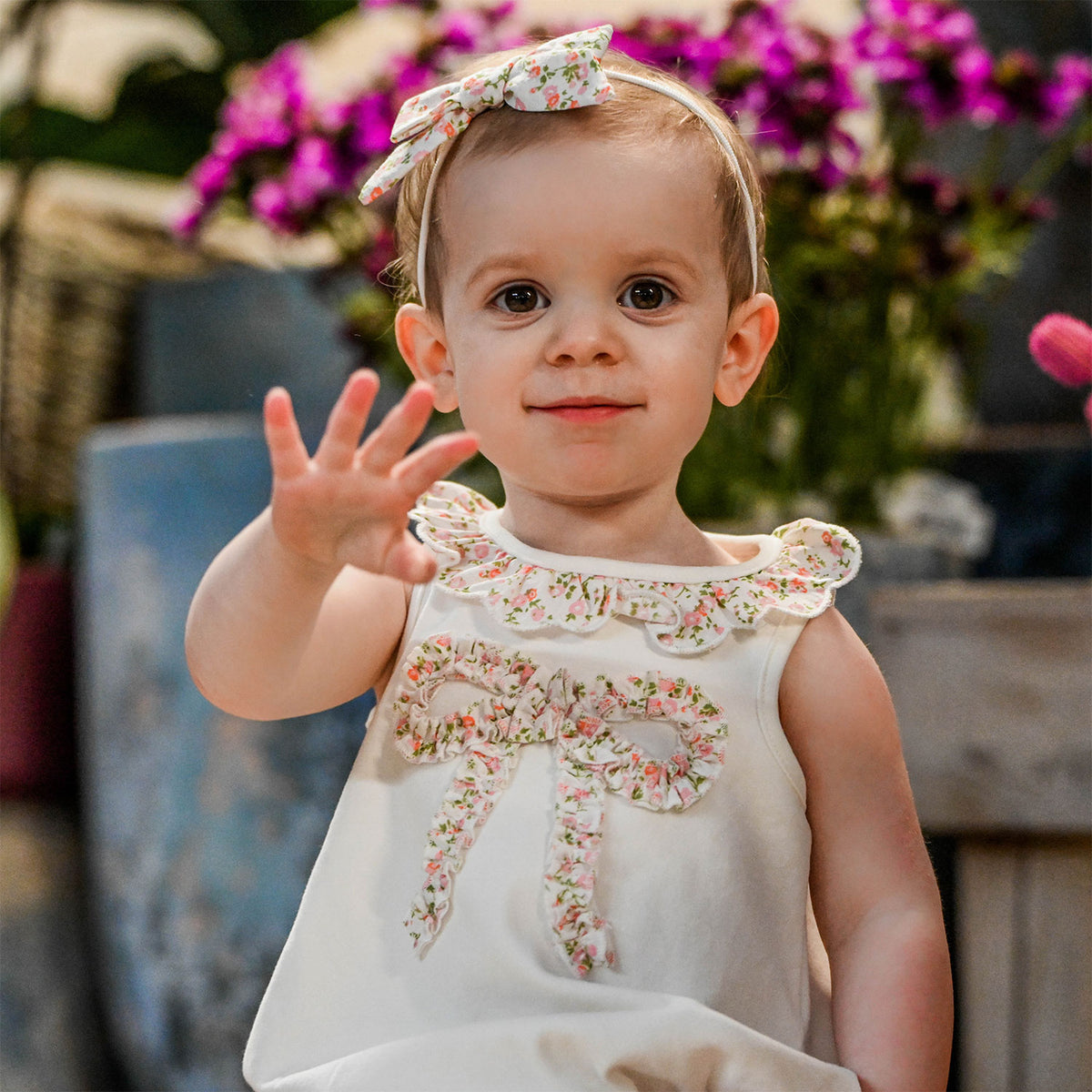 oh baby! Bella Bubble - Blush Poppy Sprig Ruffle Bow - Oyster - Lifestyle Wave