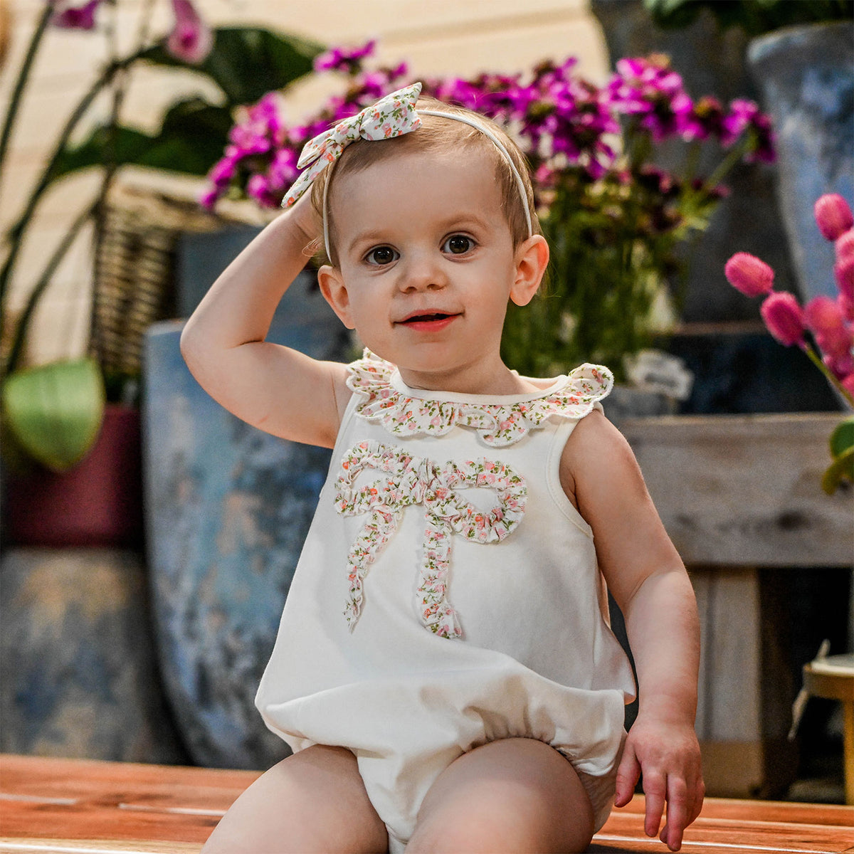 oh baby! Bella Bubble - Blush Poppy Sprig Ruffle Bow - Oyster - Lifestyle