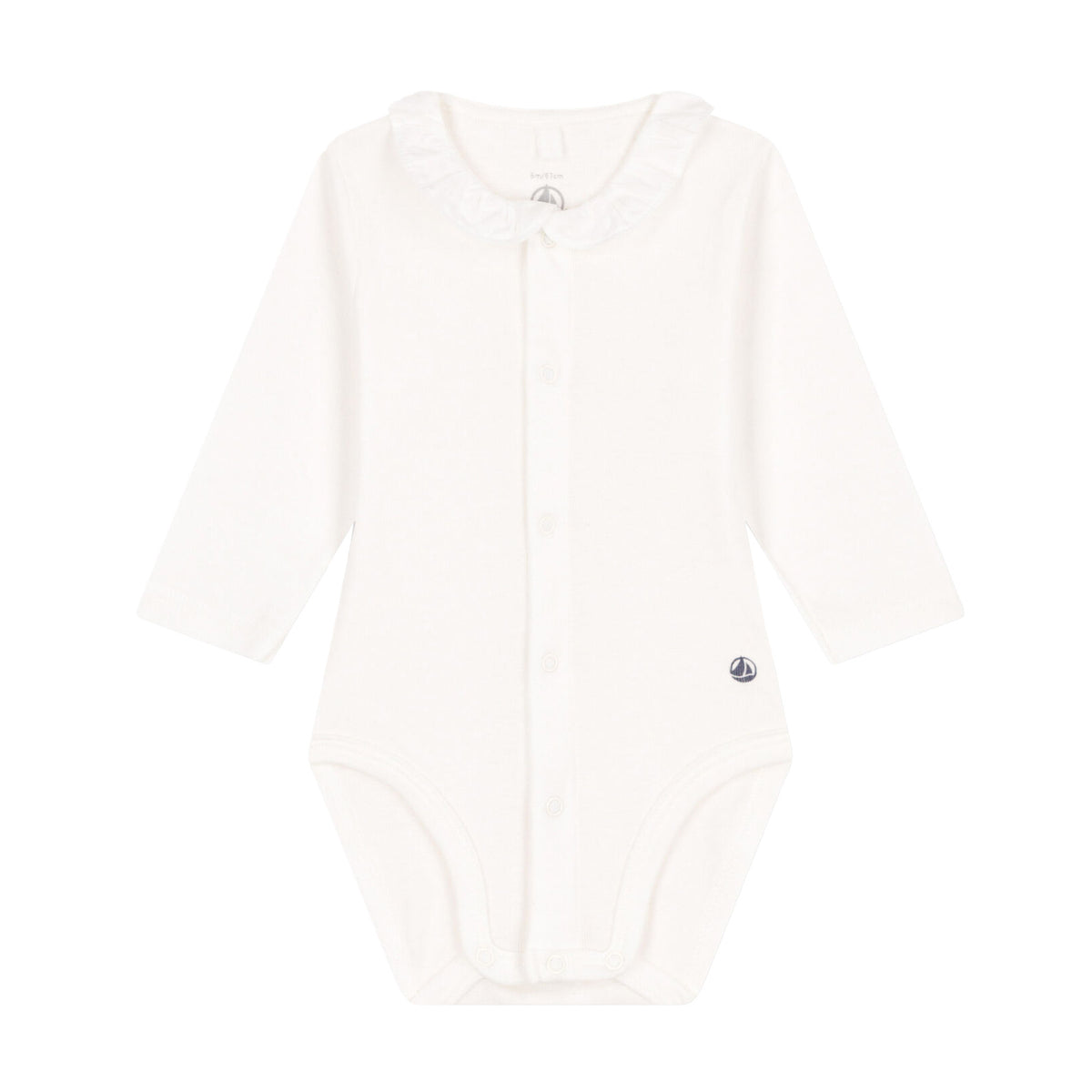 Petit Bateau Long Sleeve Bodysuit with Front Snaps and Ruffle Collar - White