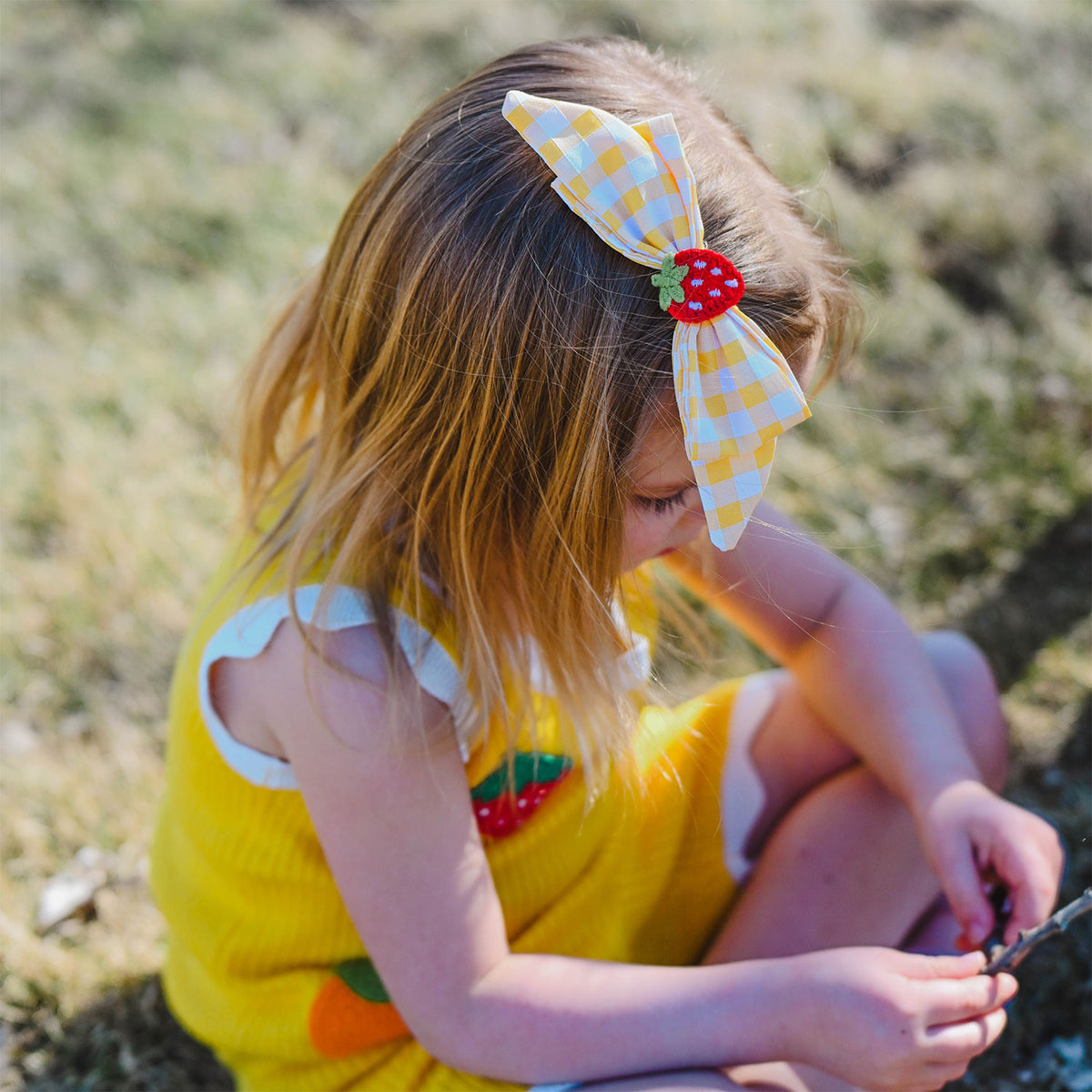 oh baby! Scarlett Bow on Clip - Crochet Strawberry Check - Lemon - Lifestyle