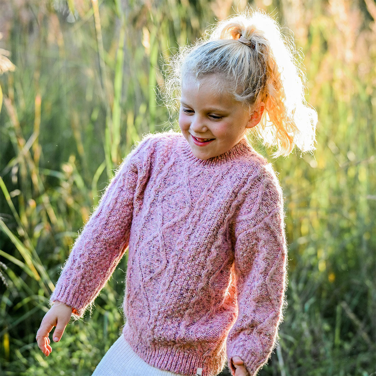 oh baby! Fleck Diamond Cable Grandpa Knitted Pullover Sweater - Pink