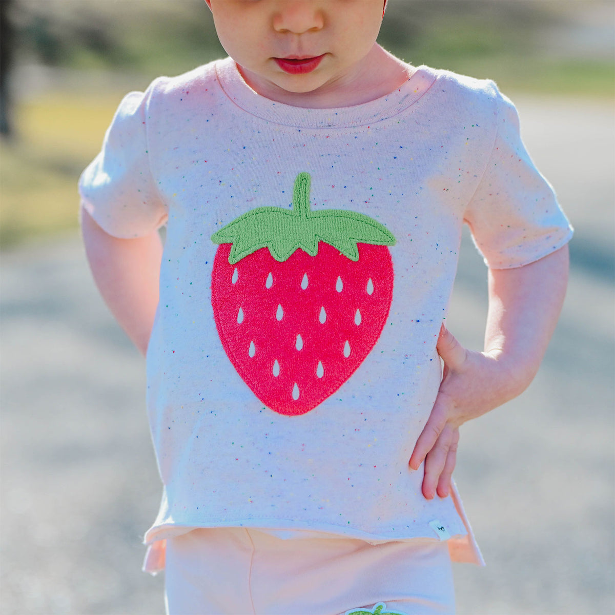 oh baby! Raw Edge Short Sleeve Confetti Tee - Strawberry Applique - Pale Pink - Lifestyle