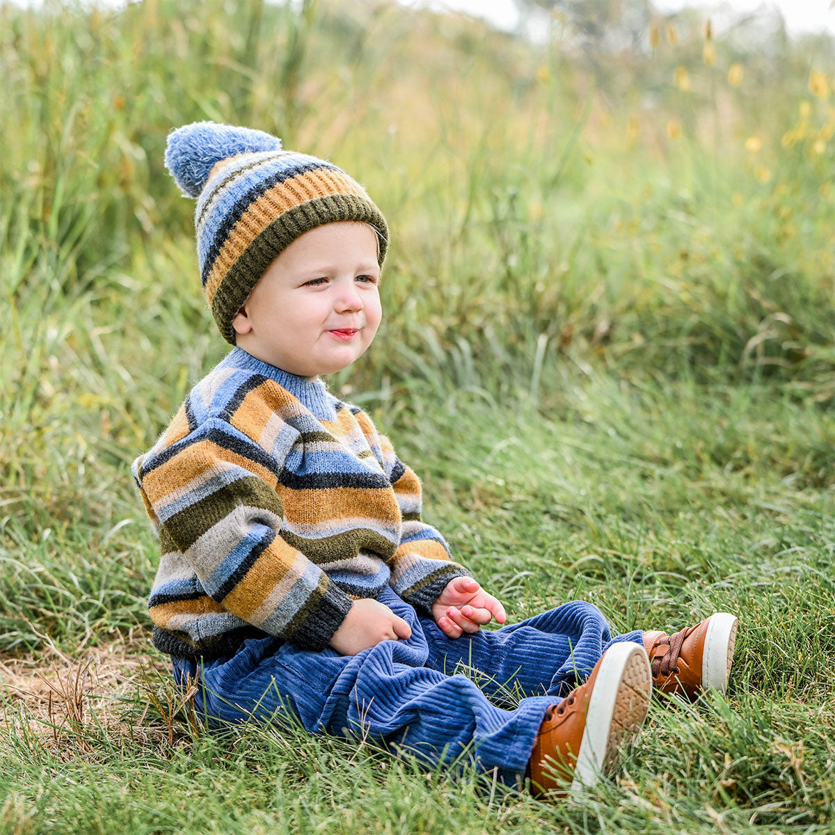 Multi Stripe Sweater and Hat with Dusty Blue Cords