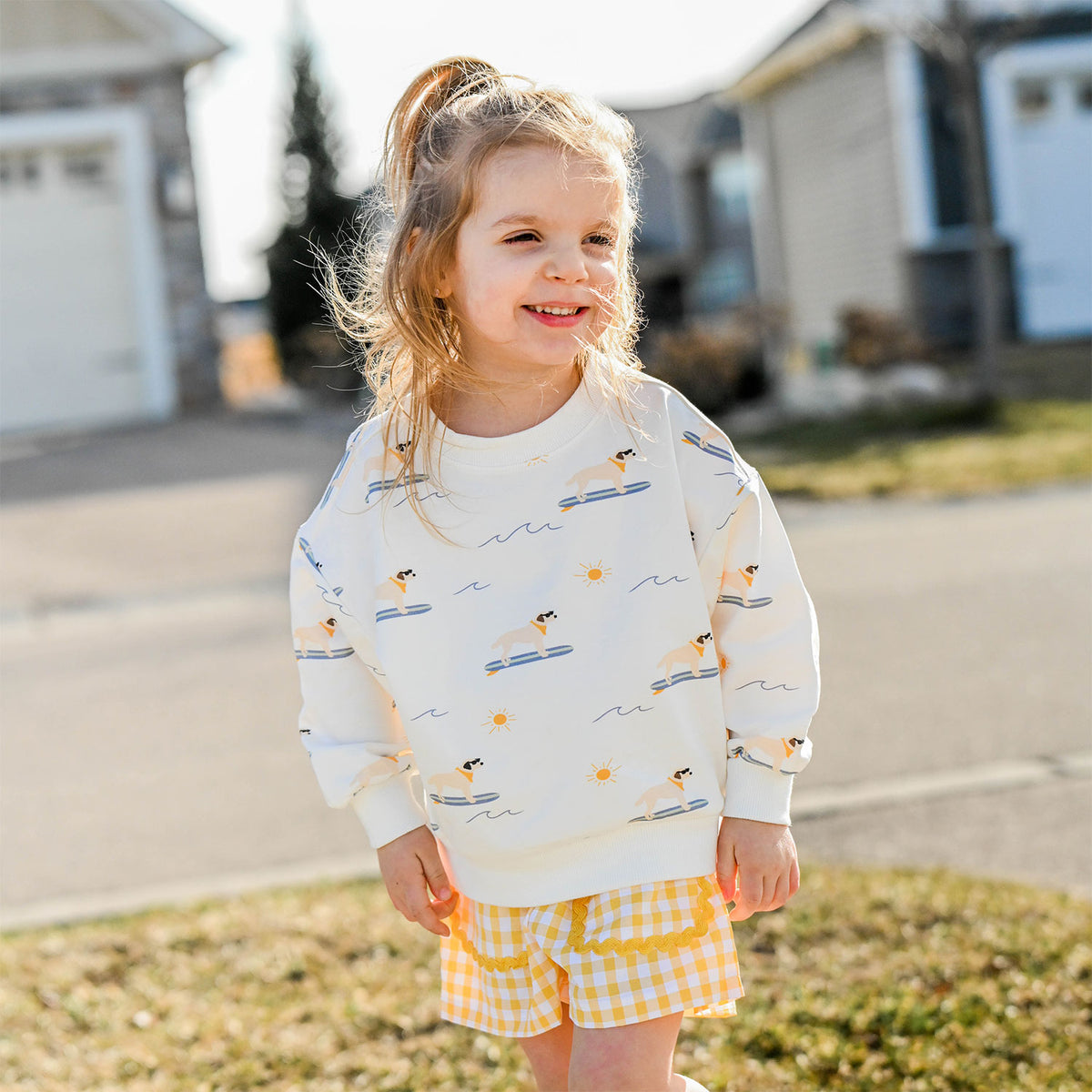 oh baby! Charlie Sweatshirt - Surfing Dog Print - Oyster - Lifestyle - lemon check shorts