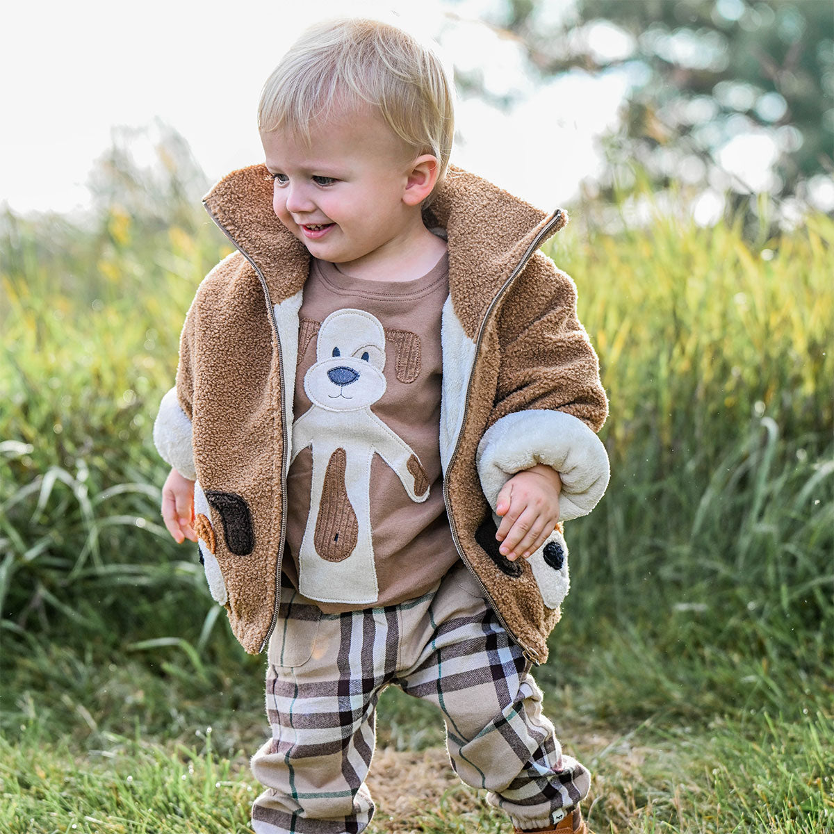 oh baby! Puppy Faces Sherpa Tahoe Jacket - Milk Chocolate - Puppy Tee and Tartan Pants
