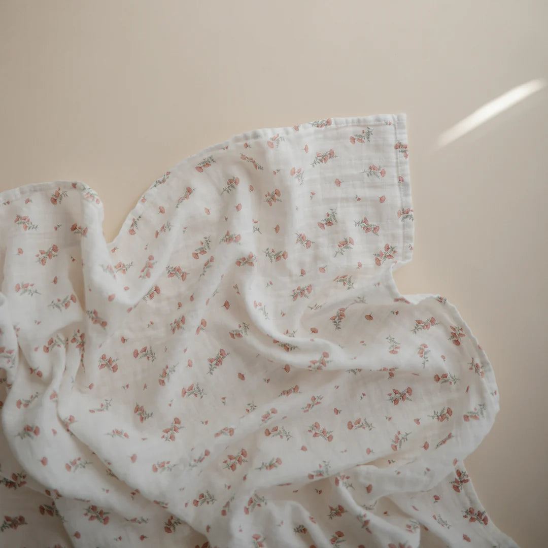 Muslin Swaddle Blanket Organic Cotton - Pink Flowers