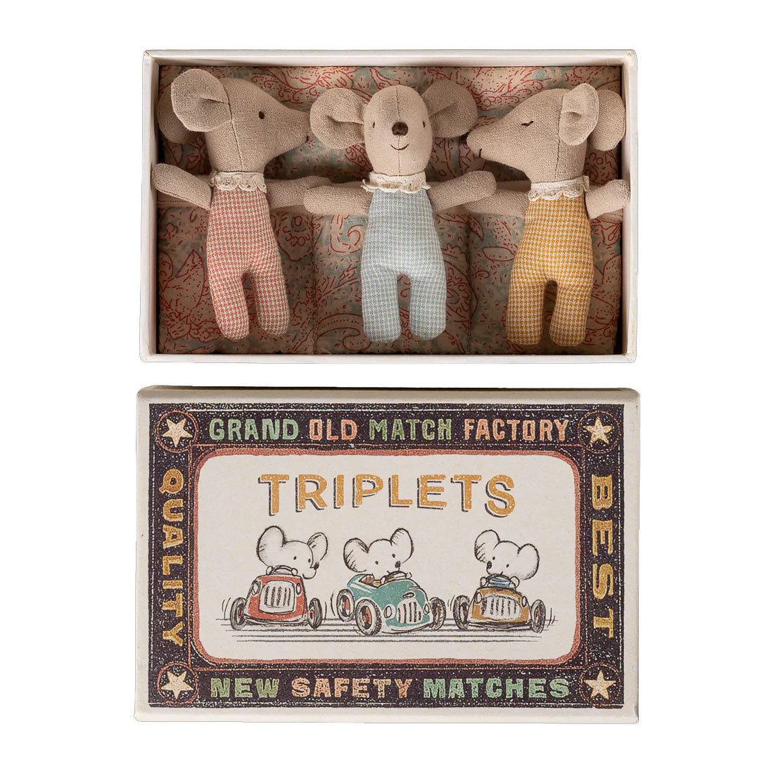 Maileg Triplets, Baby Mice in Matchbox Checker